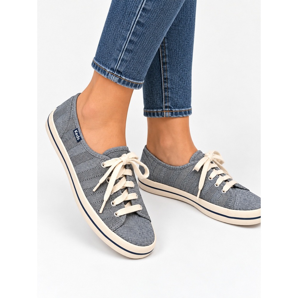 Keds Champion Blue White Stripe Canvas Sneakers Low Top WF54698 Womens 10